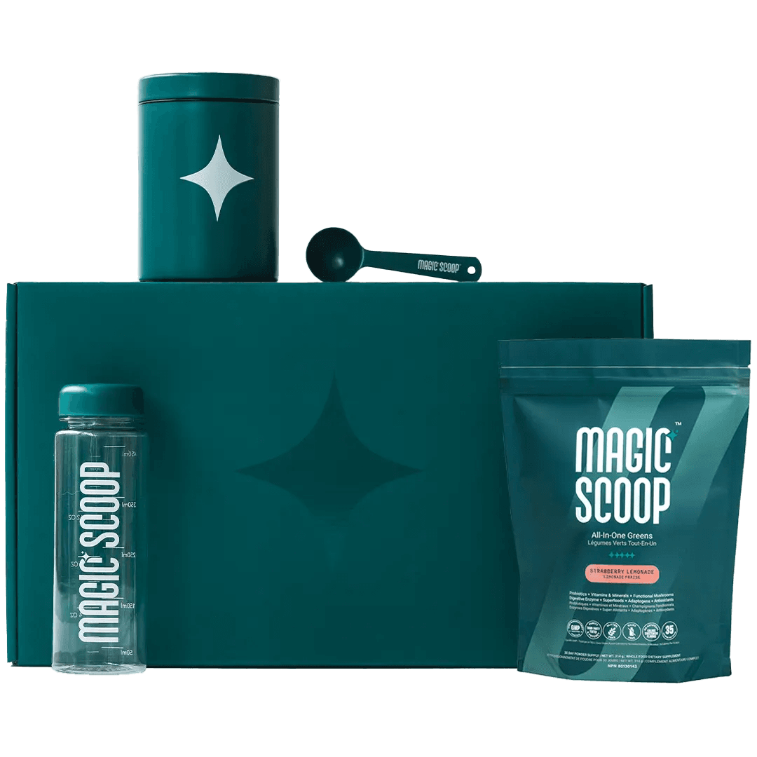 Magic Scoop starter kit: canister, scoop, shaker bottle, and pouch